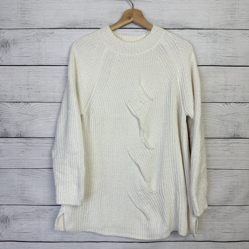 J. JILL Chenille Sweater Chunky Knit Womens Size Large Ribbed Ivory‎ Soft Cozy